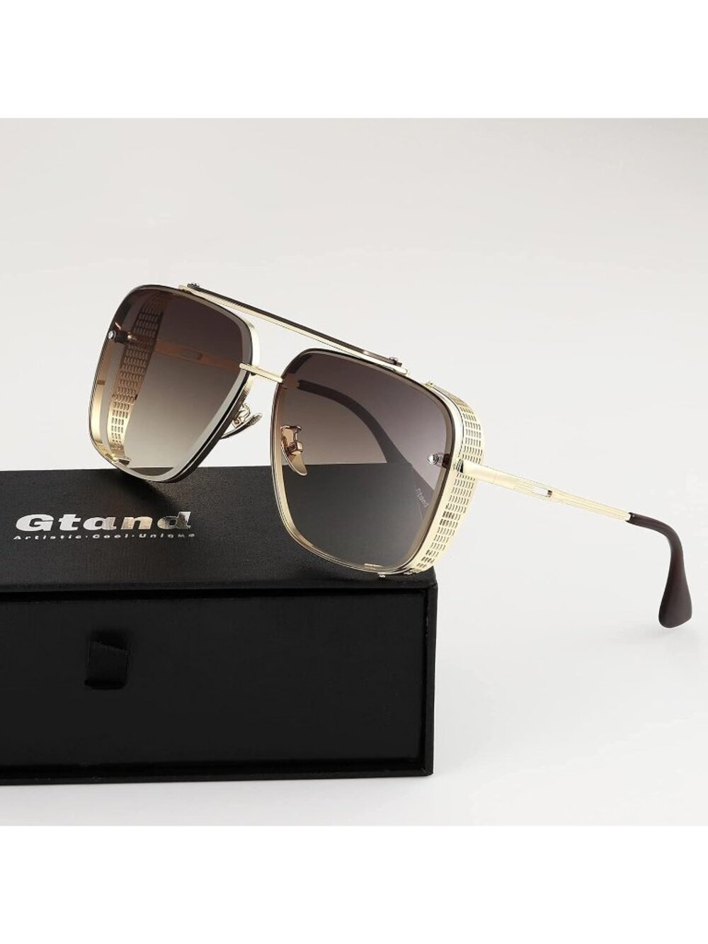 Men's Gold Frame Brown Lens  Vintage Metal Side Shield Steampunk Sunglasses 64mm - Picture 4 of 6